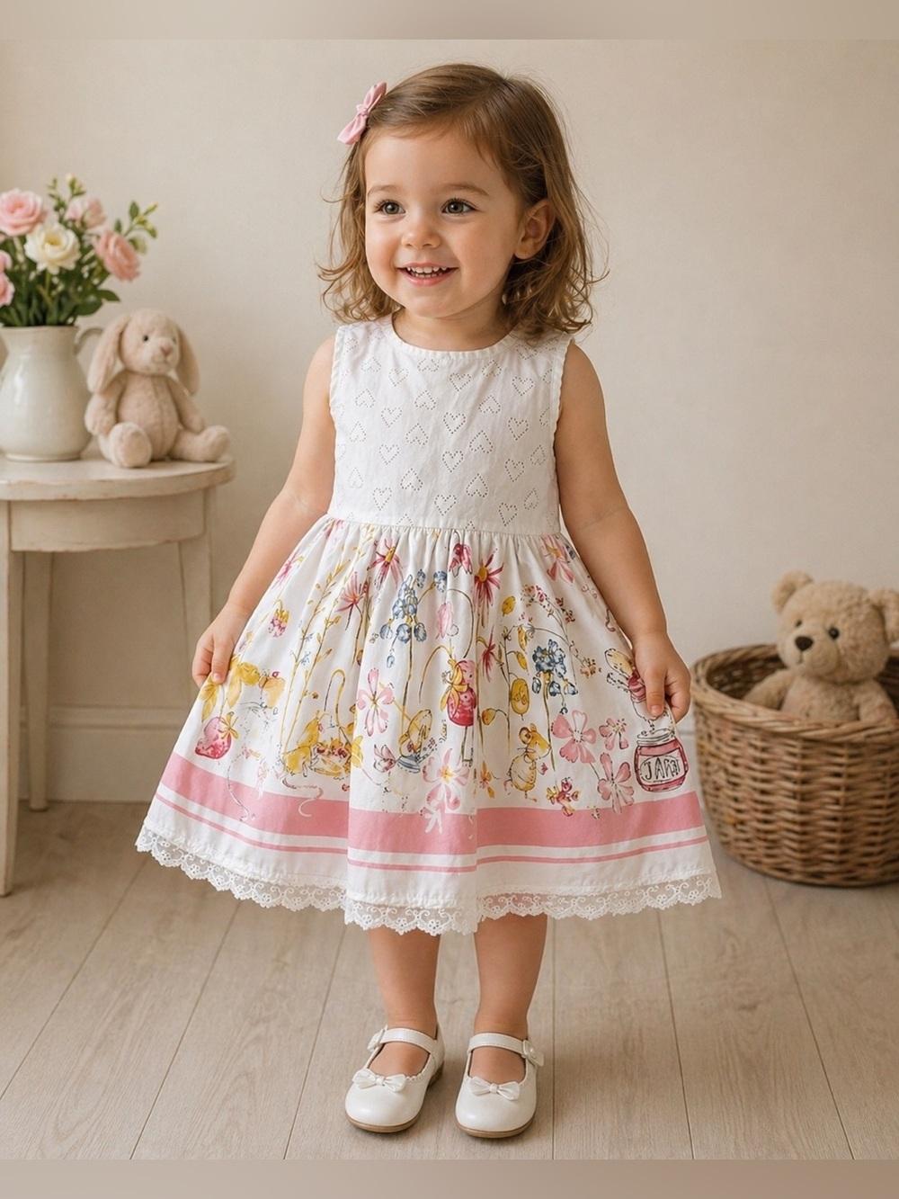 Girls 12M Floral Eyelet Dress Pink Trim Whimsical Garden Print
